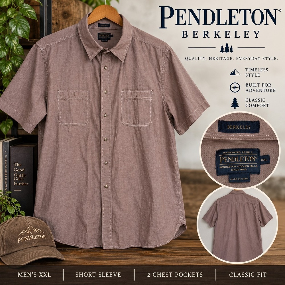 Pendleton Berkeley Men's XXL Short Sleeve Button Up Shirt Brown Chambray 2...